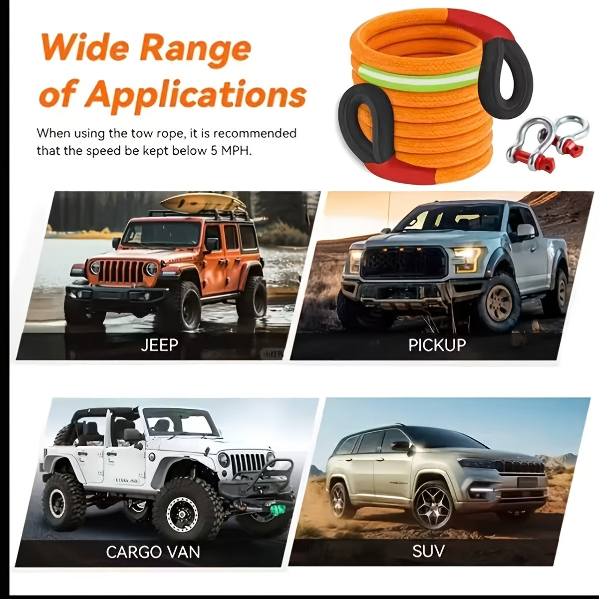Nylon Tow Rope Kit with Two Steel U-Shaped Hooks and Storage Bag, Listed 16.4-Foot Length in Three Model Options for Compatible Vehicle Equipment