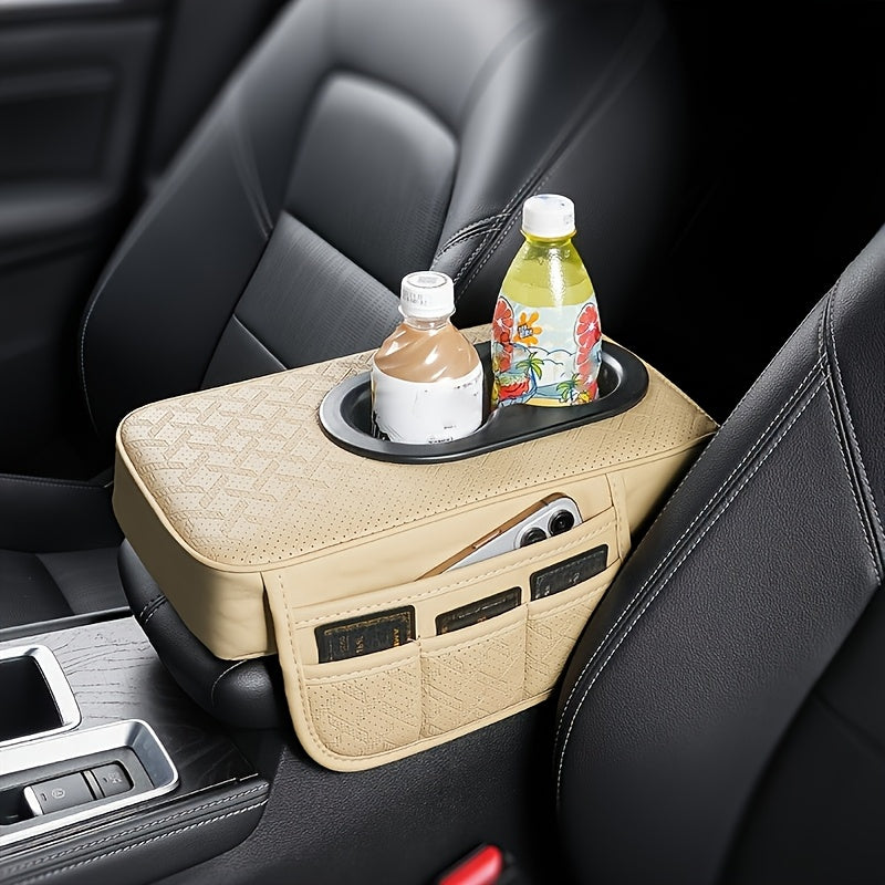 Car Armrest Storage Cover in PU Leather with Two Side Pockets and Two Cup Holders, Center Console Organizer with Tissue Bundle and Refill Options