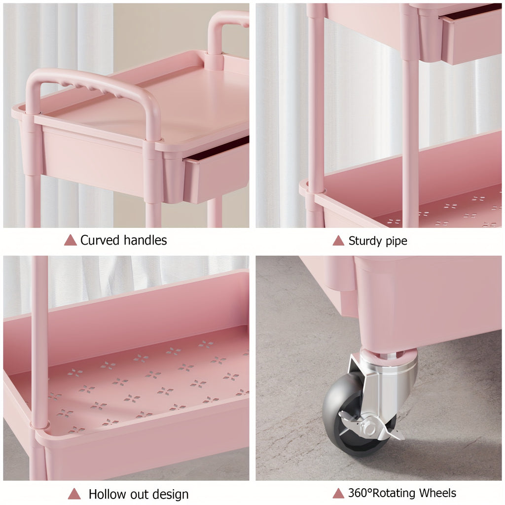 Three-Tier Rolling Storage Cart with Drawer, Plastic Organizer with Lockable Wheels, Listed Cup Holders and Hooks in Five Colors for Kitchen, Bathroom and Office