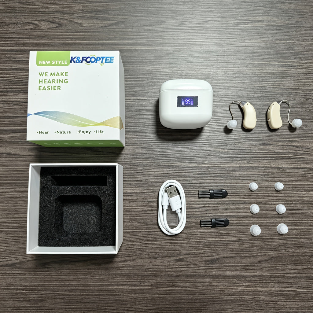 Rechargeable Hearing Amplifier with Listed Magnetic Charging Case, Silicone Ear Tips and Adjustable Listening Wording in TM802 Brown or Silvery Options for Adults