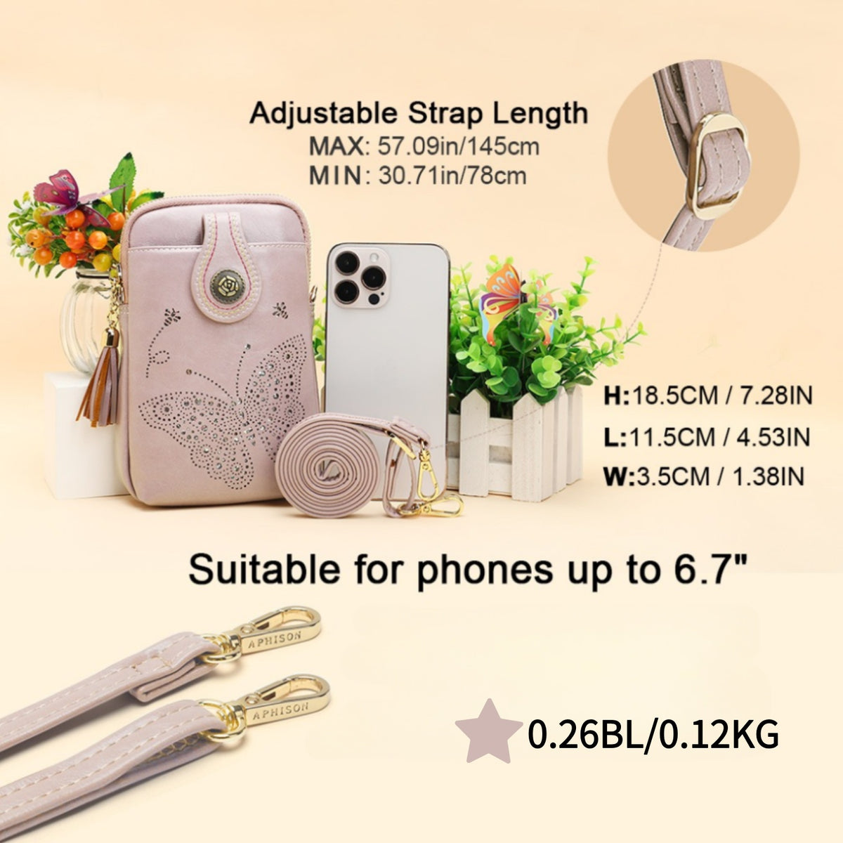 Butterfly Crossbody Phone Purse for Women with Shiny Pattern, Tassel, Adjustable Shoulder Strap and Zipper Closure in Five Colors for Everyday Outings