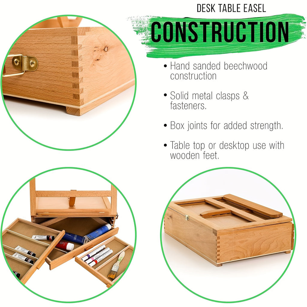 Three-Drawer Easel Storage Box in Beechwood, Adjustable Desktop Artist Organizer and Book Stand for Painting Supplies, Reading and Home Art Spaces