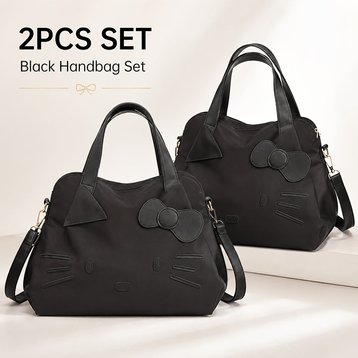 Bow Decorated Nylon Tote Bag with Hello Kitty Theme, Shoulder and Crossbody Carry for Daily Commutes, Gym Visits and Weekend Travel