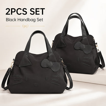 Bow Decorated Nylon Tote Bag with Hello Kitty Theme, Shoulder and Crossbody Carry for Daily Commutes, Gym Visits and Weekend Travel