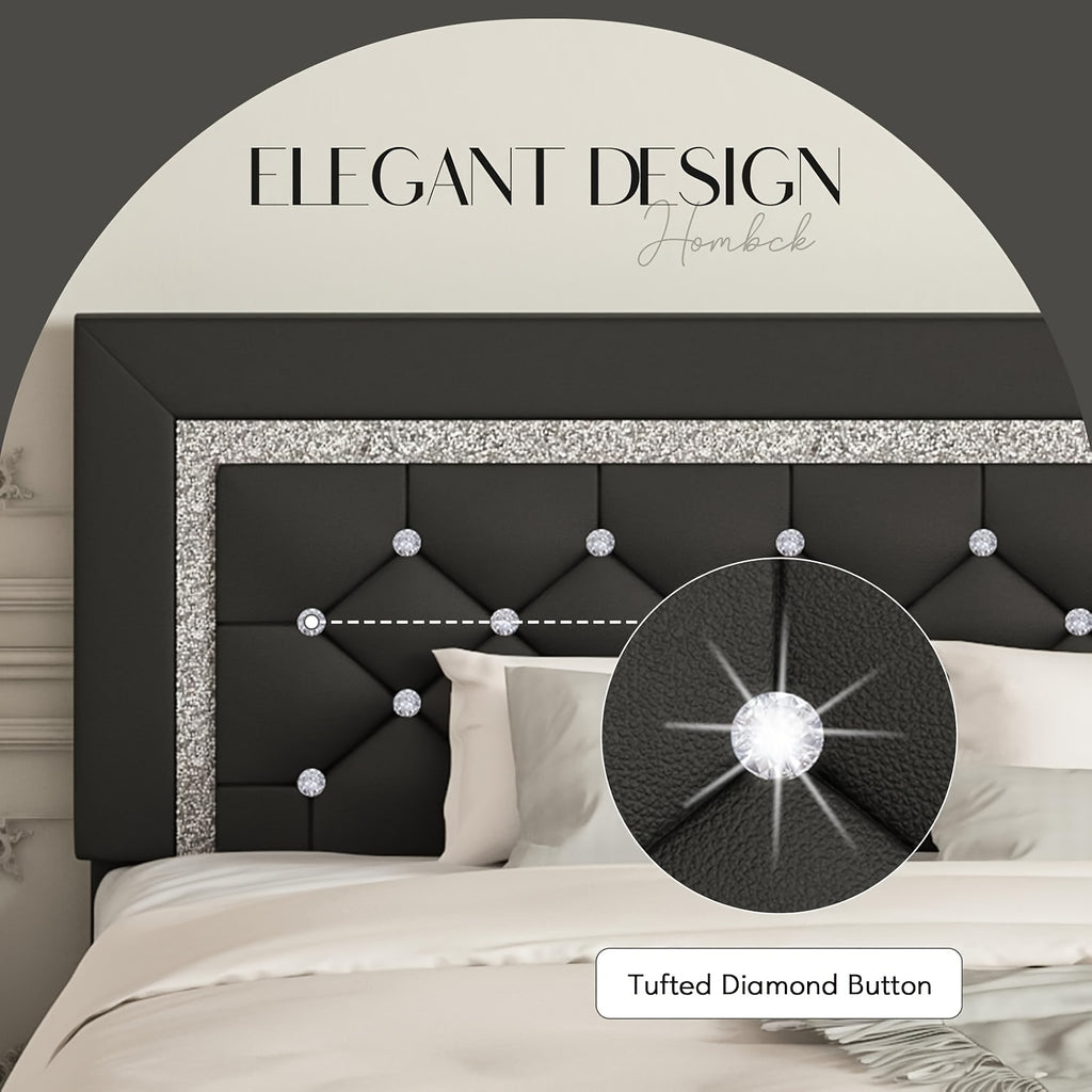 Diamond Tufted Upholstered Bed Frame in Black Faux Leather with Headboard, Footboard and Wooden Slat Support, Twin, Full, Queen and King Options