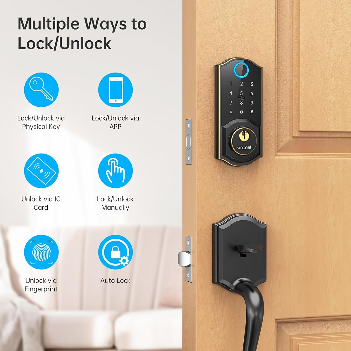 SMONET Fingerprint Deadbolt and Handle Set with Bluetooth, Digital Keypad, Phone App and Auto-Lock Wording, Black, Silvery or Oil Rubbed Bronze Options