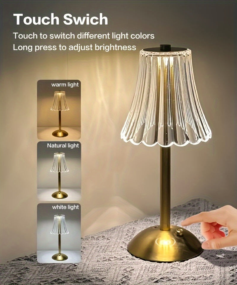 Retro Mini Table Lamp Set of 2 in Golden Finish, USB Rechargeable 12-Inch LED Lights with Three-Color Touch Control, Non-Dimmable Dining Decor
