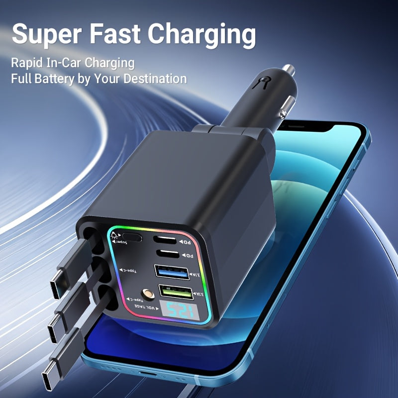 Retractable Cable Car Charger, Three Extendable Leads with Color Lighting, LED Digital Display and Listed 180-Degree Adjustment for In-Car Phone Charging