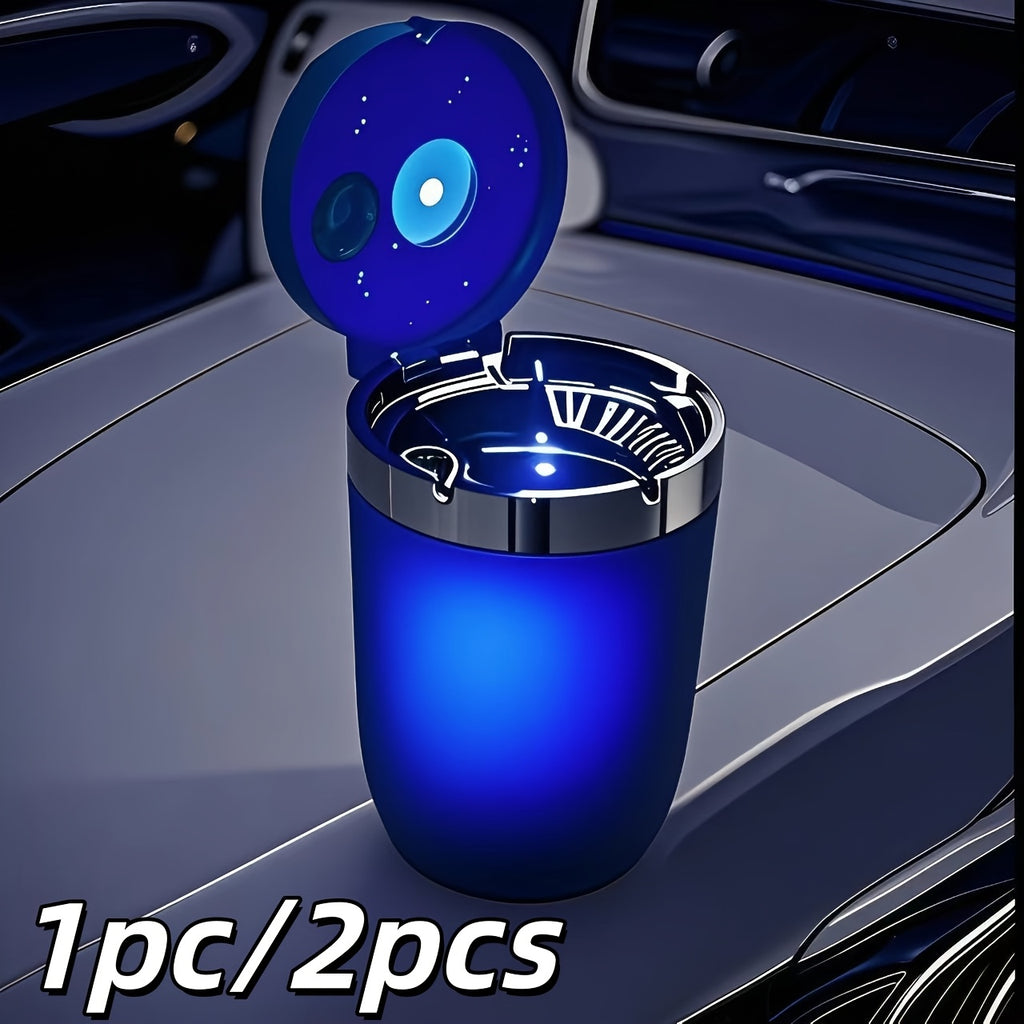 Automatic Car Ashtray with Detachable Cleaning Brushes, Compact Battery-Powered Vehicle Accessory in Black, Blue or Red Single and Paired Option Labels