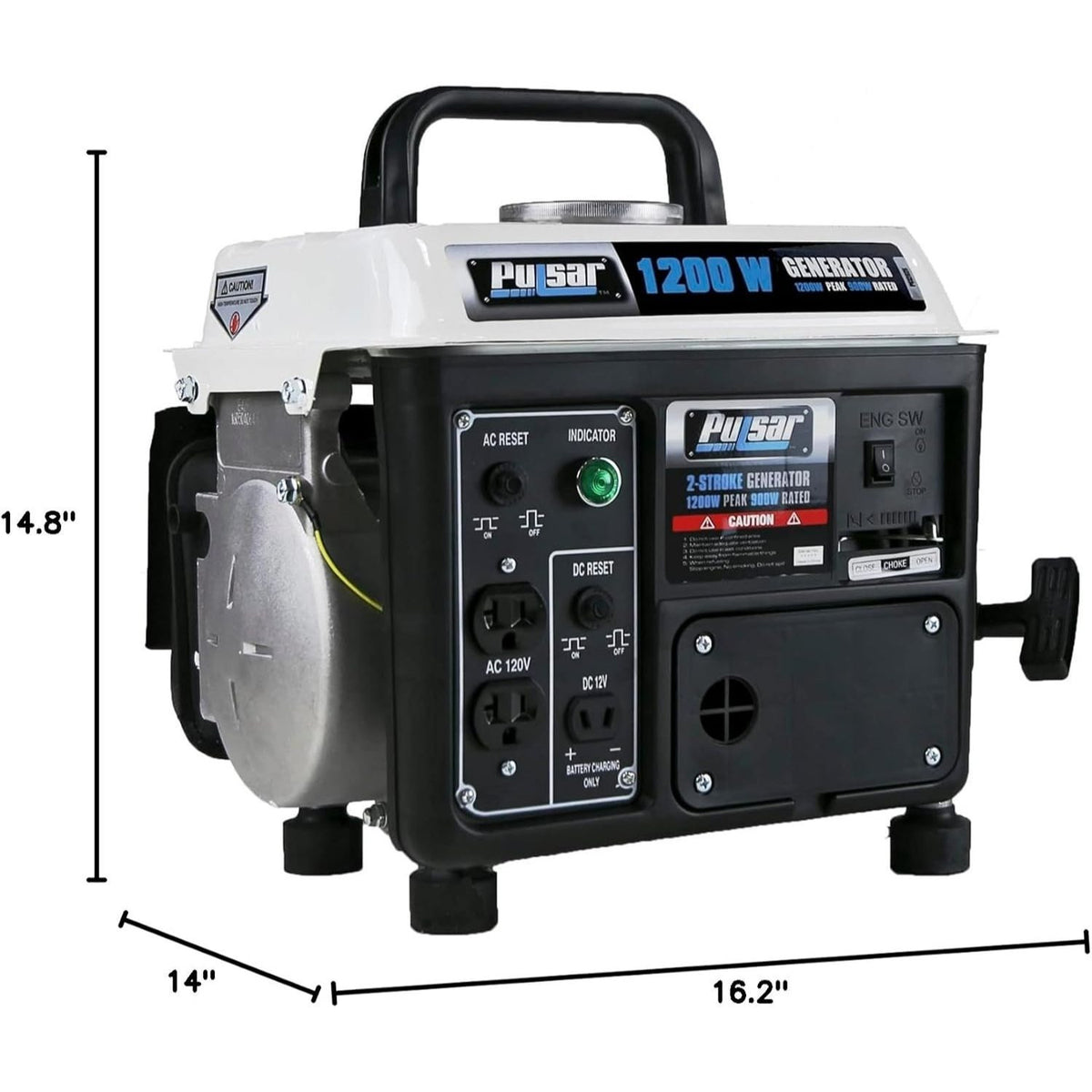 Gas-Powered Portable Generator by Pulsar with Carrying Handle, Listed 1200 Peak and 900 Running Watts, Recoil Start and 120V Outlets for Outdoor Power