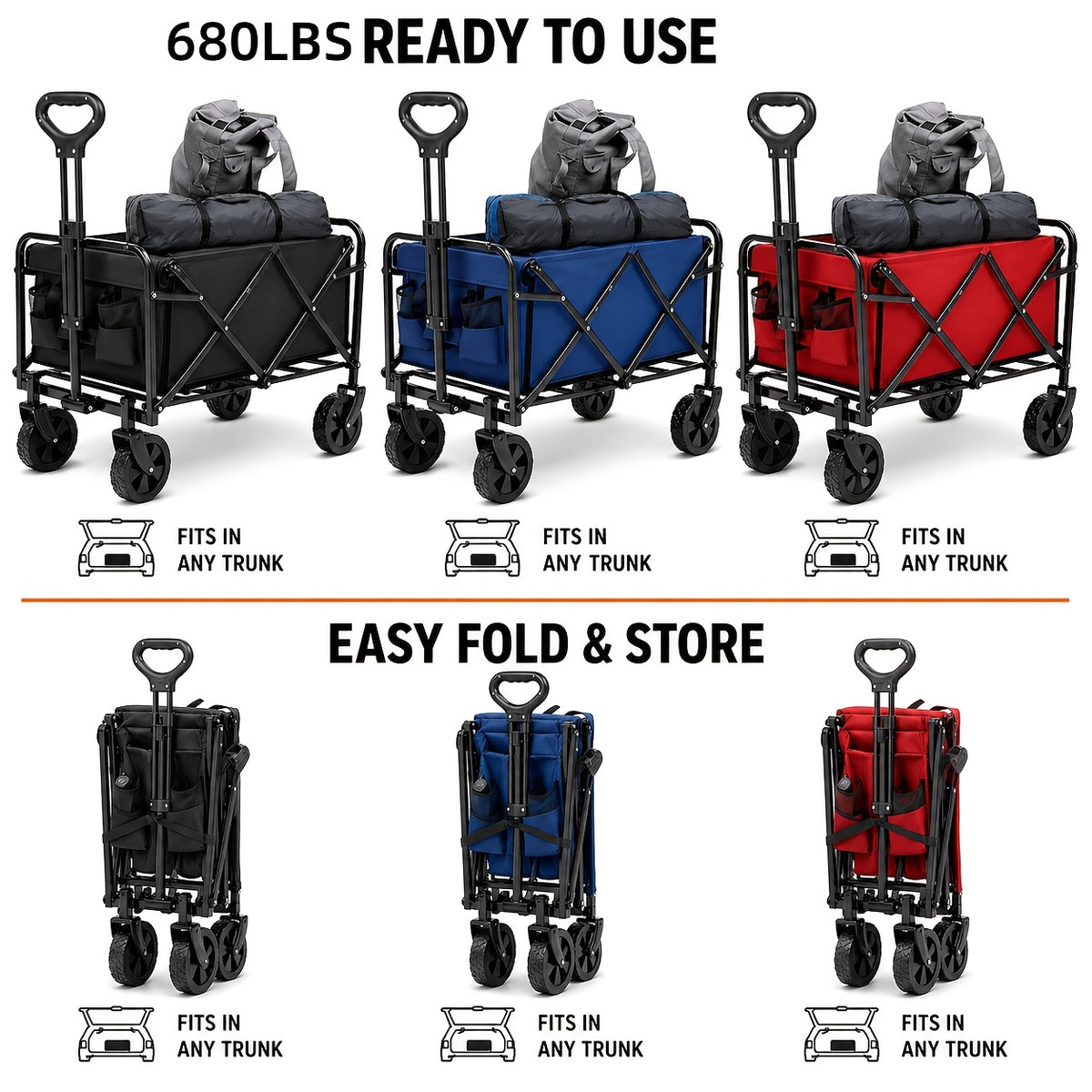 Camping Supply Folding Wagon Cart with Listed Five-Inch Tires, Collapsible Utility Carrier in Four Load-Labeled Options for Garden Gear, Beach Trips and Moving