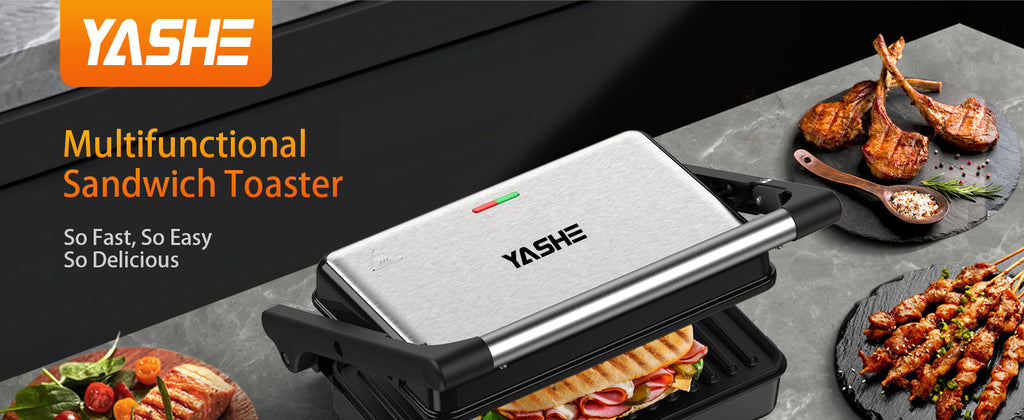 YASHE Panini Grill Press ZJ-521 with 1200W Heating, Nonstick Cast Aluminum Plates, Two-Slice Bread Capacity, 180-Degree Opening and Ready Indicator Lights