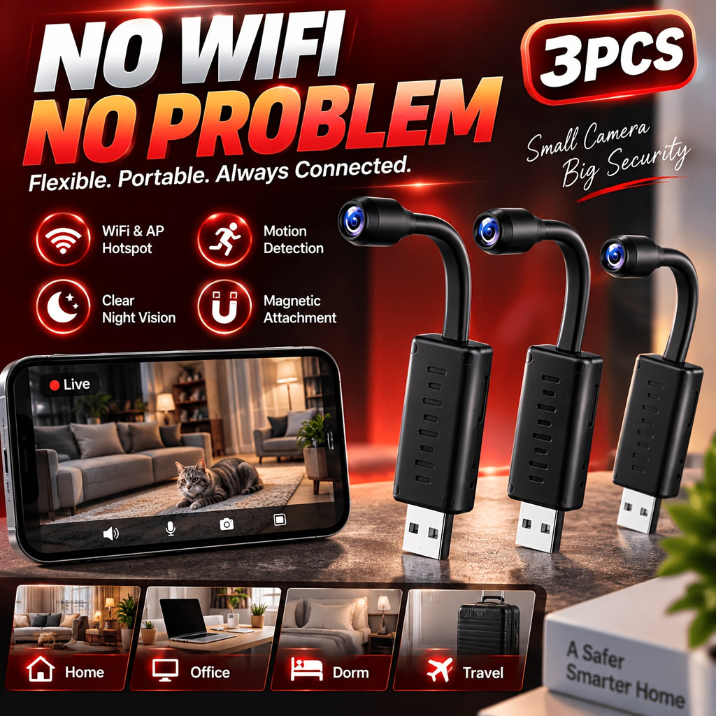 AP Hotspot Mini Camera 3-Pack, 1024P Indoor Monitoring Cameras with Motion Detection, Flexible Lens and Local Live Viewing Without Internet