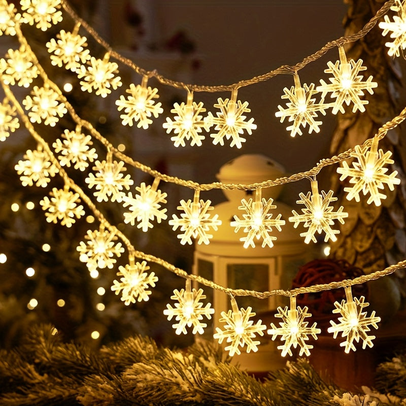 Snowflake LED String Lights for Christmas and Winter Party Decor, Warm White or Multicolor Options with 10, 20 or 40 LEDs, Batteries Not Included