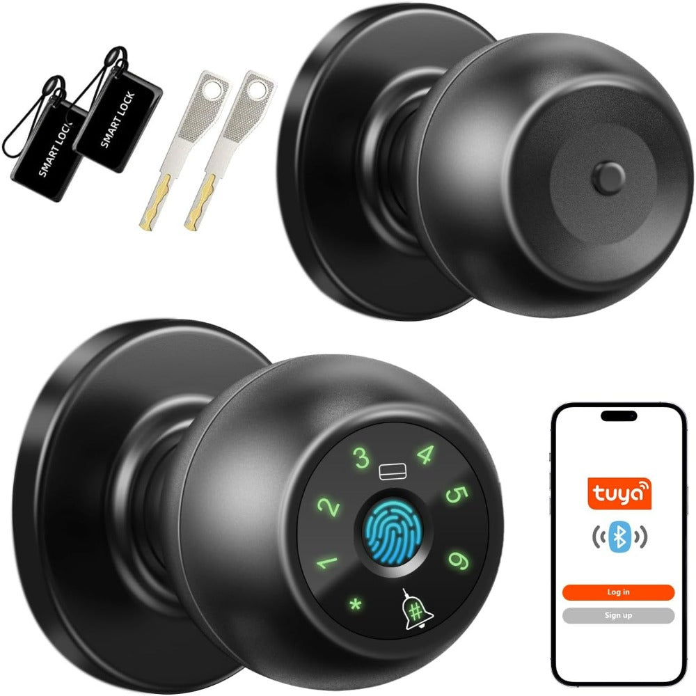 Five-Method Fingerprint Door Knob with App, IC Card, Password and Backup Key Access, Silent and Passage Modes, Anti-Peep Keypad and Type-C Emergency Power