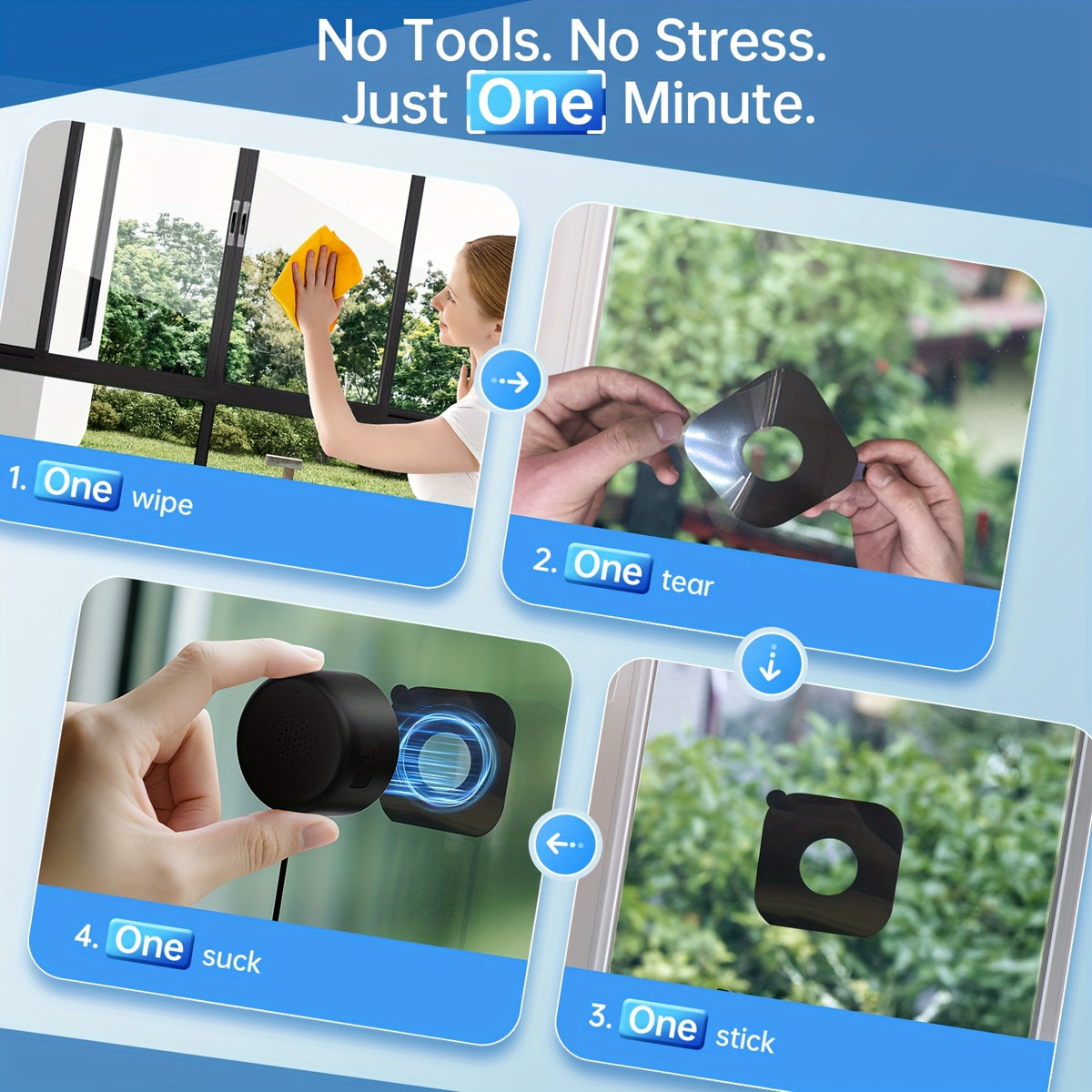 Dual-Band WiFi Window Camera by WESECUU with 2K Imaging, Color Night Vision, Person and Motion Alerts, Two-Way Audio and Premium Black Stand Option