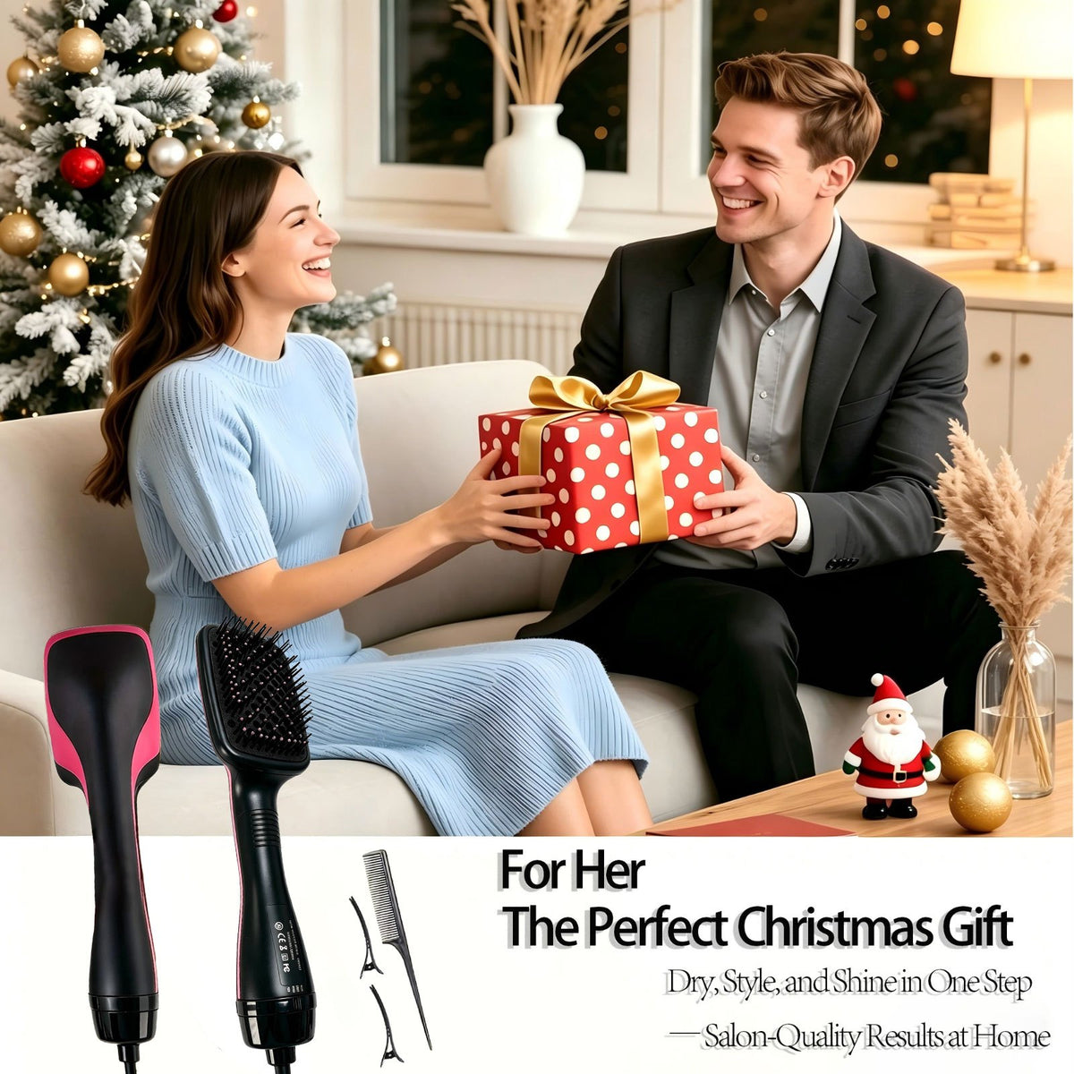 Blow Dryer Brush Straightener 3-in-1, One Step Hot Air Brush for Detangling, Straightening and Fast Drying, Anti-Frizz Salon-Quality Hair Styling Tool for Smooth, Shiny Straight Hair, Gift for Women