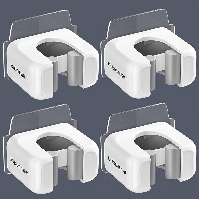 Mop and Broom Holder Clips in White, 4-Piece Self-Adhesive No-Drill Plastic Wall Organizer for Vertical Cleaning Tool Storage in Kitchens and Utility Rooms