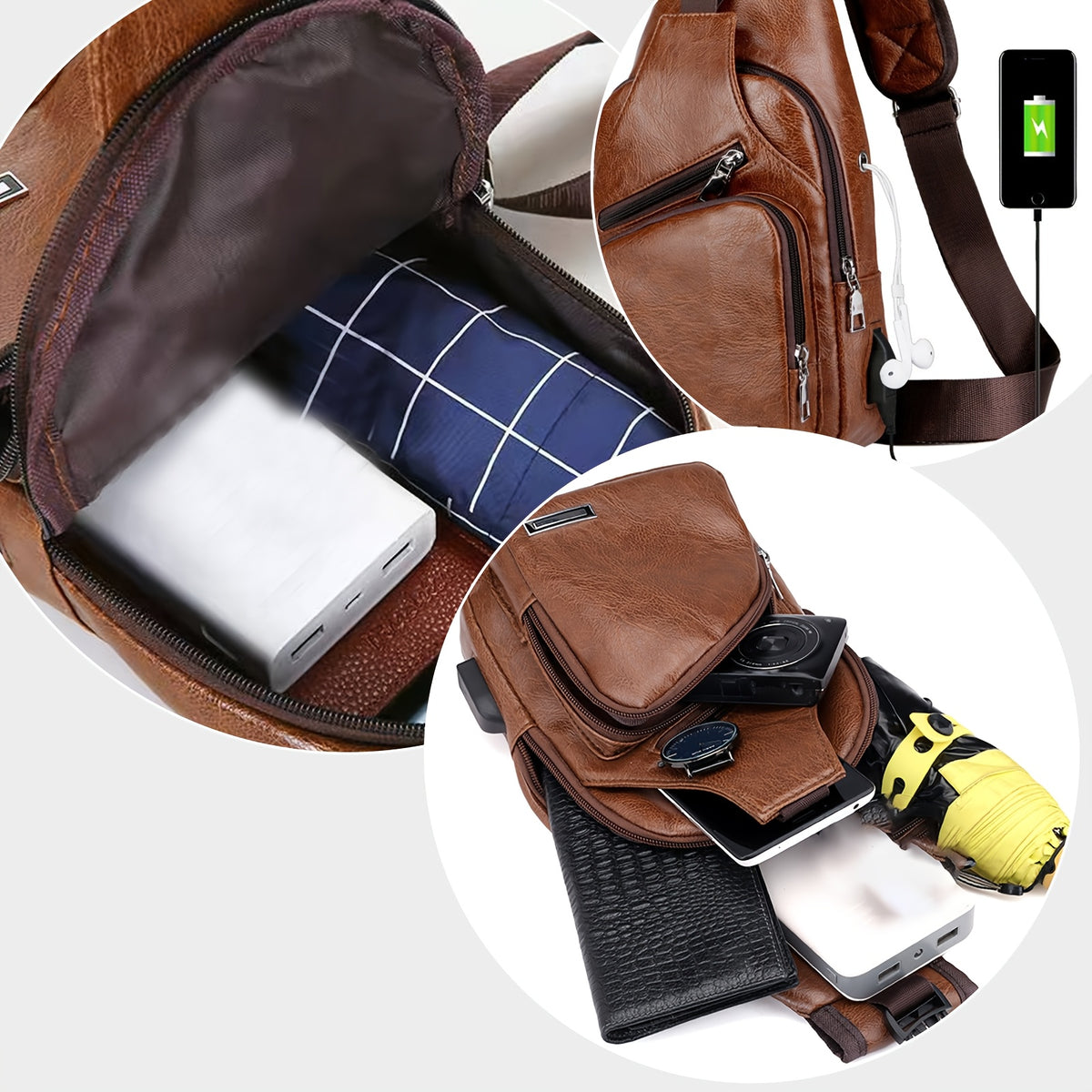 PU Leather Sling Bag for Men and Women with Adjustable Shoulder Strap, Zippered Pockets and Earphone Opening for Daily Walking, Hiking and Travel