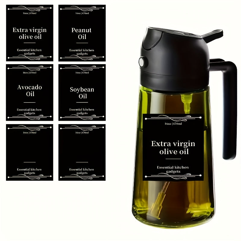 Olive Oil Sprayer and Dispenser Bottle, Listed 16 Oz Dark Green Glass with Black Cap and Six Stickers for Two-in-One Pouring and Cooking Oil Spray in Kitchen and BBQ Prep