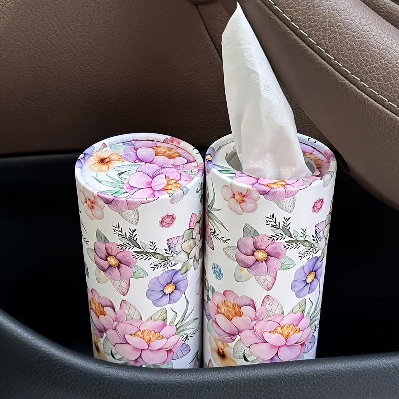 Cup Holder Car Tissue Tubes, Two-Roll Pink and White Floral Facial Tissue Pack in Compact Cylindrical Containers for Vehicle Interior Organization and Daily Use