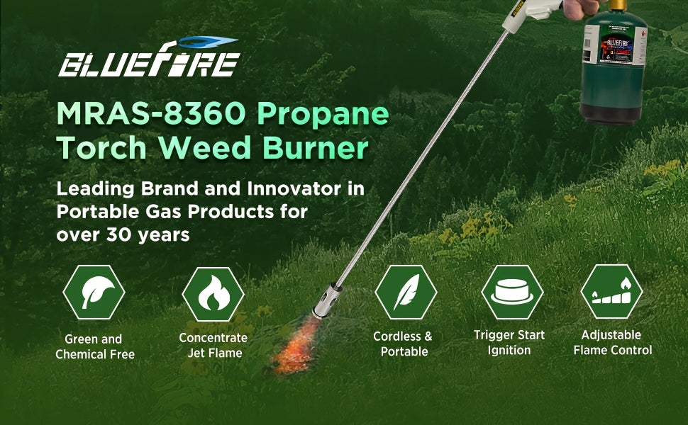 Propane Weed Torch Kit with Tank-Connected Outdoor Burner Model Options, BF-1711, Koman-Q0001 and HD Series for Experienced Adult Yard Maintenance