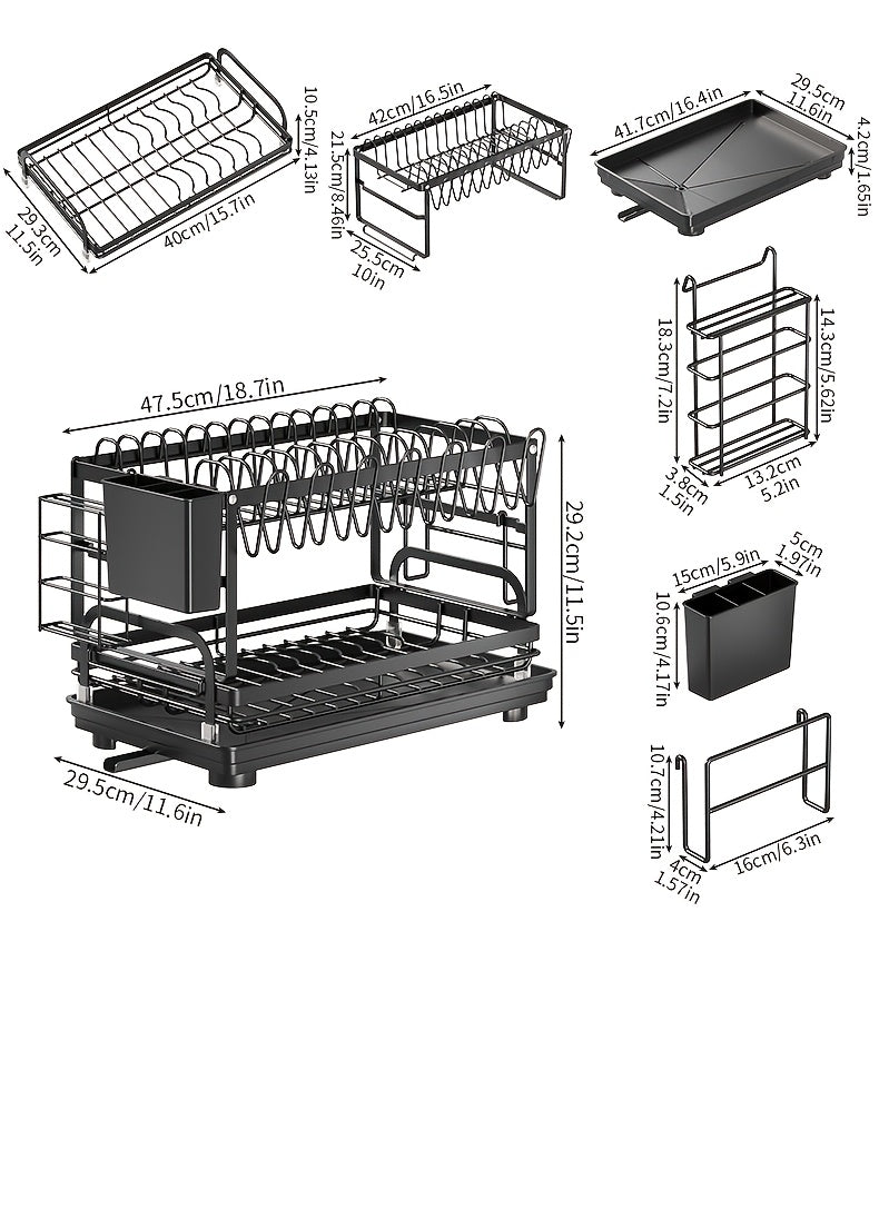 Metal Countertop Dish Rack for Kitchen Tableware Organization, Two-Tier Painted Rack Design with Utensil Holder Reference and Black, Dark Grey or Base Options