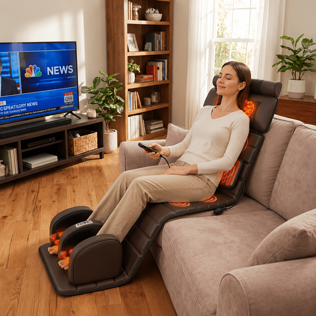 Heated Massage Pad for Home Relaxation, Brown Foldable 5-in-1 Body Massage Mat with Listed Multiple Modes for Neck, Shoulders, Back, Waist and Legs