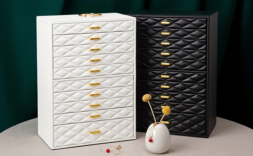 Extra Large Jewelry Box by FEIYAN, 10-Layer Faux Leather Storage Organizer with Drawers and Velvet Lining for Scandinavian-Style Bedroom Organization