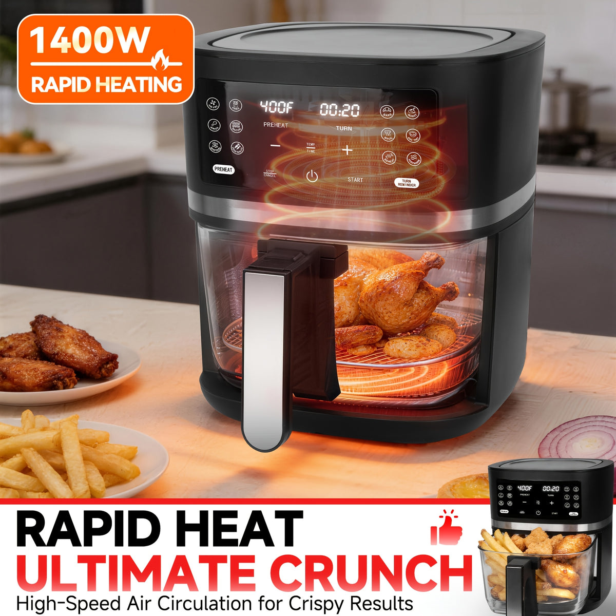 Glass Air Fryer 4.5QT, Non-Toxic 12-in-1 Air Fryer with Dishwasher-Safe Glass Basket, PFOA PFAS Free, Programmable Time and Temperature, Graphite Countertop Cooker