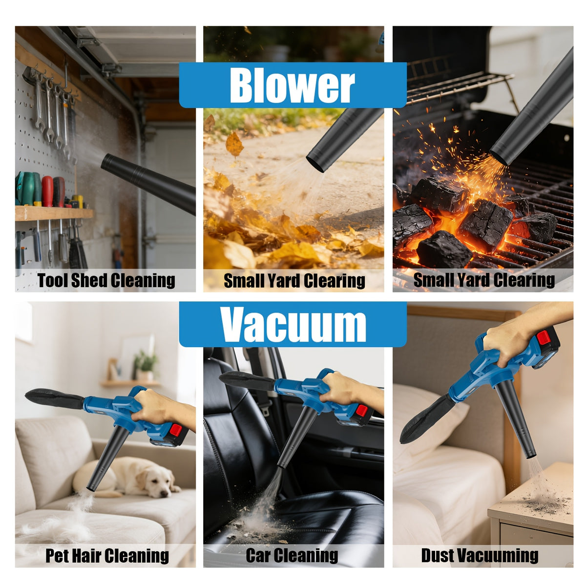 Cordless Leaf Blower and Vacuum with Extension Tube for Yard Cleanup, Handheld Tool in Black One-Battery, Blue Two-Battery and Five-Piece Kit Options