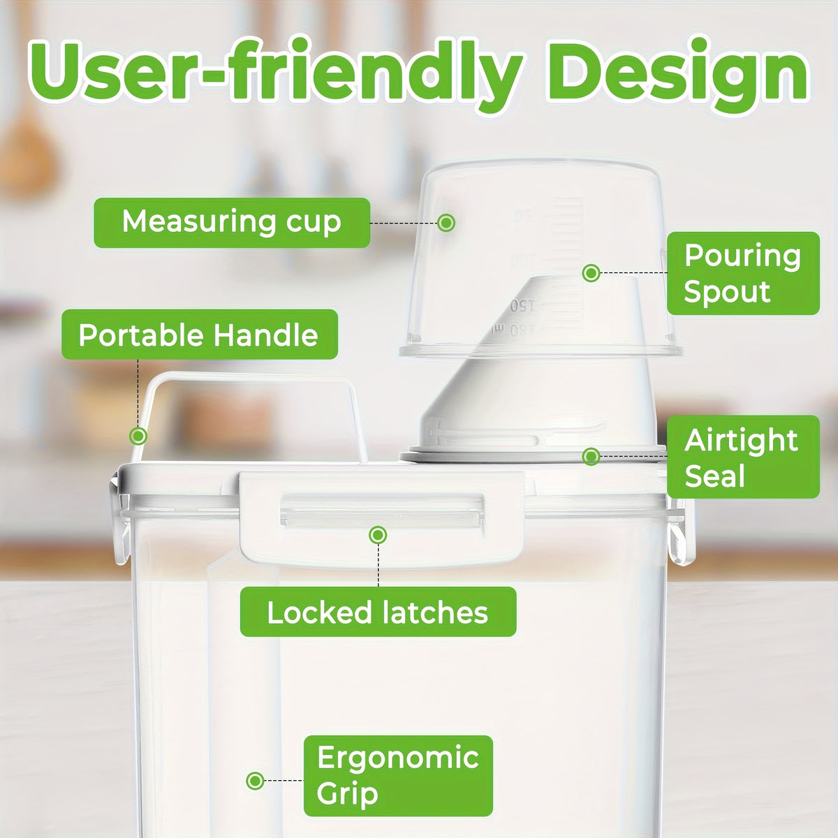 Square Pantry Storage Containers with Clip-On Closures, Listed Four-Piece Plastic Set and 3L/102oz Capacity Wording for Rice, Grain and Nut Organization