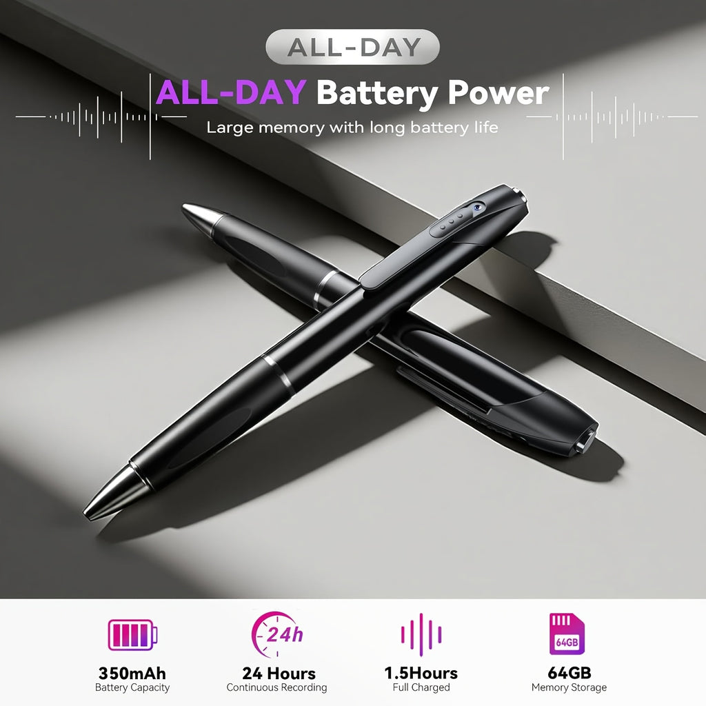 1080P Pen Camera with Rechargeable 350mAh Battery, One-Button Power and Loop Recording, No-WiFi Portable Video Recorder with 64GB Card or No-Card Options