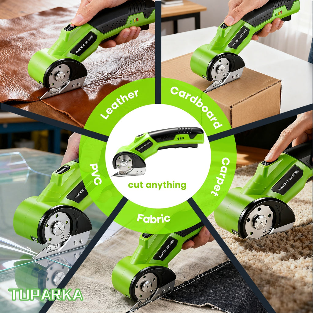 Cordless Electric Scissors in Green with Listed 4V Power, 2000mAh Battery, Three Rotary Blades, Safety Lock and USB Cable for Compatible DIY Cutting