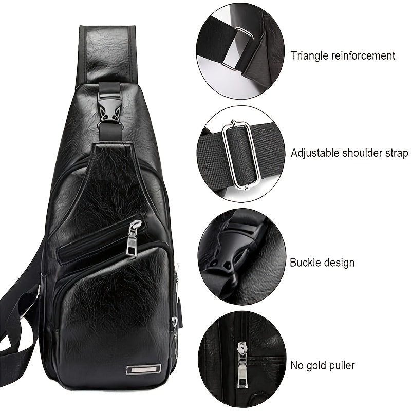 Faux Leather Sling Chest Bag with USB Port for Men and Women, Mini Single-Strap Crossbody Carry Bag in Black or Light Brown for Daily Outings and Travel