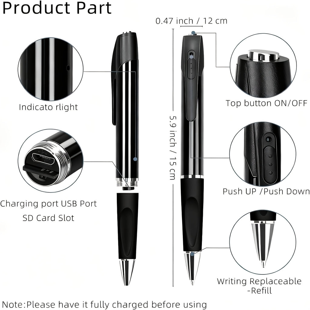 1080P Pen Camera with Rechargeable 350mAh Battery, One-Button Power and Loop Recording, No-WiFi Portable Video Recorder with 64GB Card or No-Card Options