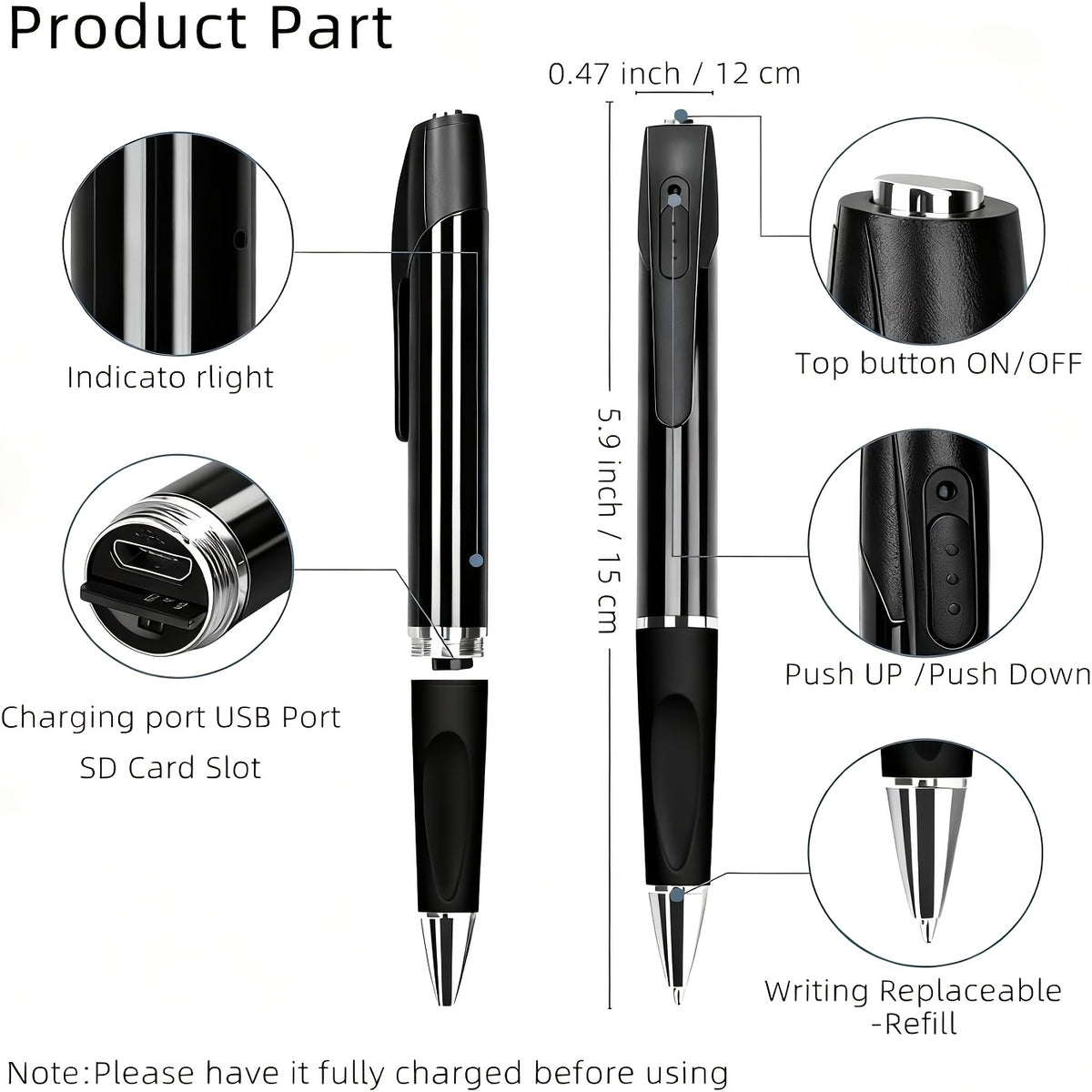 1080P Pen Camera with Rechargeable 350mAh Battery, One-Button Power and Loop Recording, No-WiFi Portable Video Recorder with 64GB Card or No-Card Options