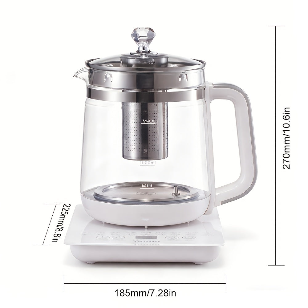 Yalulu Glass Electric Kettle with Listed 1.8L Capacity and 18 Functions, Removable SUS304 Tea Infuser, Glass Lid and Egg Steaming Rack, White US Plug Option
