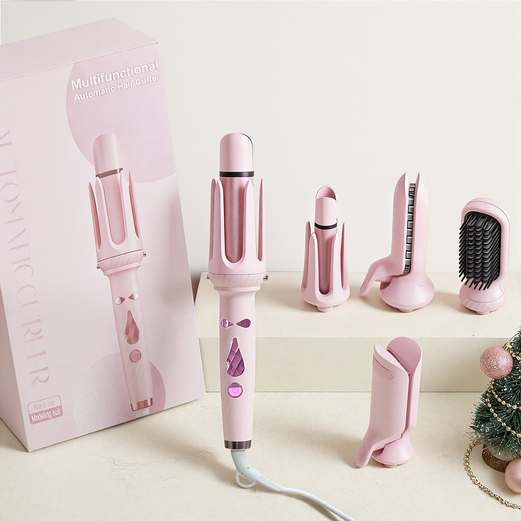 Interchangeable Curling Iron Set 5-in-1 with 25mm and 32mm Wands, Straightening Brush, Wave Styling Head and Root Volumizing Crimper for Home Hair Styling