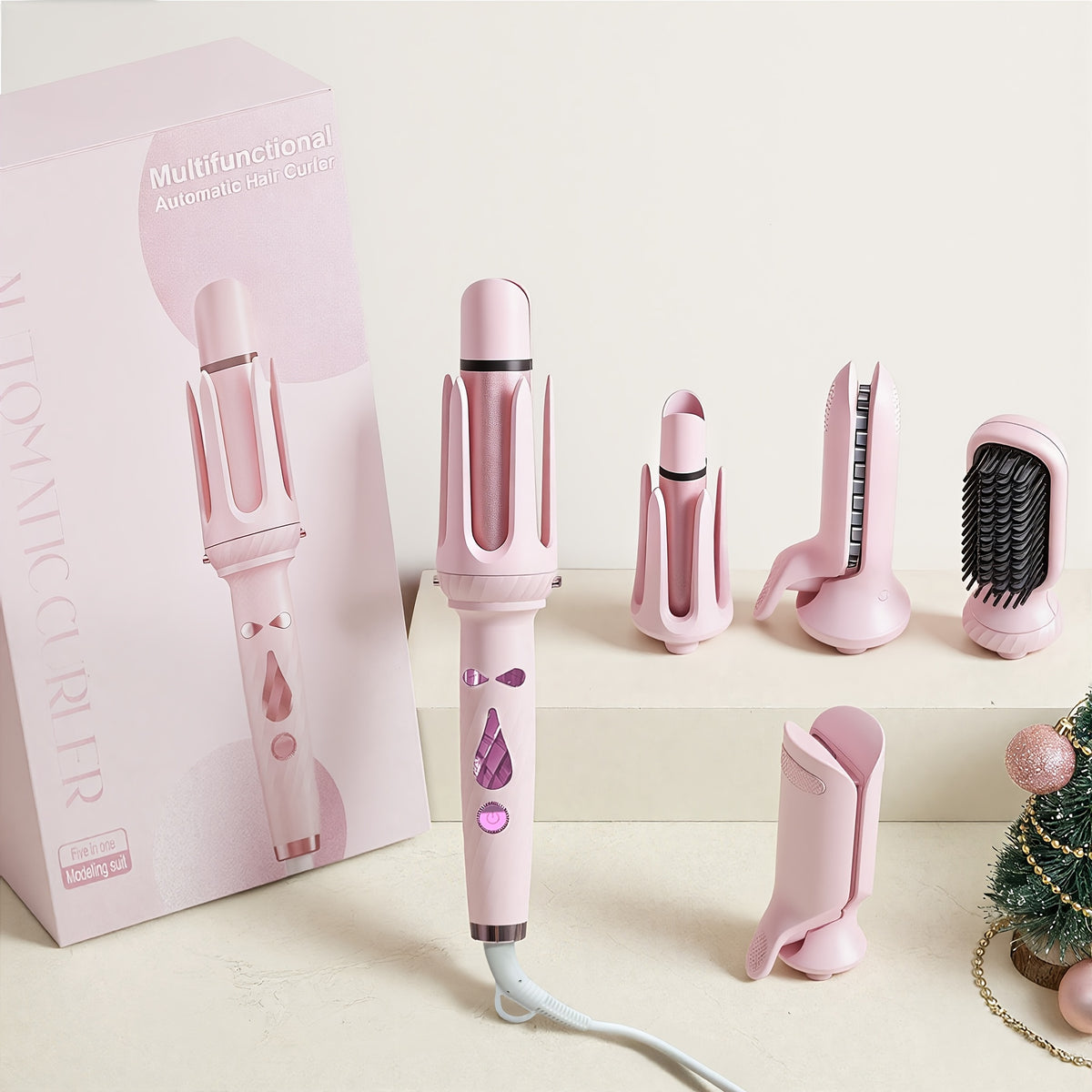 Interchangeable Curling Iron Set 5-in-1 with 25mm and 32mm Wands, Straightening Brush, Wave Styling Head and Root Volumizing Crimper for Home Hair Styling