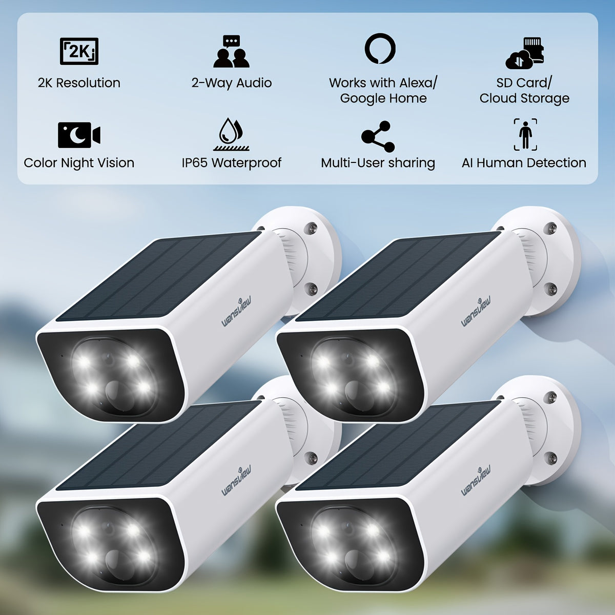 Wansview Solar Security Camera with Listed 3MP Video, Color Night Vision, PIR Human Detection and Two-Way Audio, Outdoor 1 to 4 Pack Options