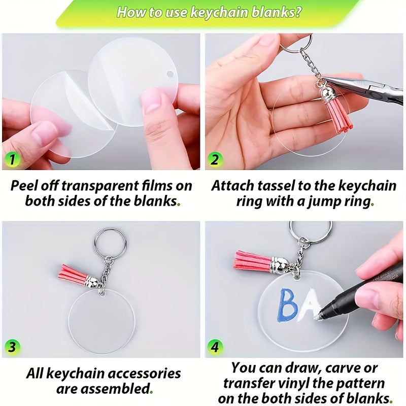 Acrylic Keychain Blanks Kit with Five Clear Shapes, Listed 200 Total Pieces Including Tassel Charms, Key Chains and Jump Rings for Personalized Vinyl Crafts and Gifts