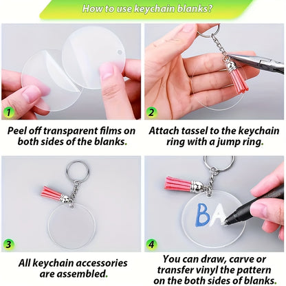 Acrylic Keychain Blanks Kit with Five Clear Shapes, Listed 200 Total Pieces Including Tassel Charms, Key Chains and Jump Rings for Personalized Vinyl Crafts and Gifts