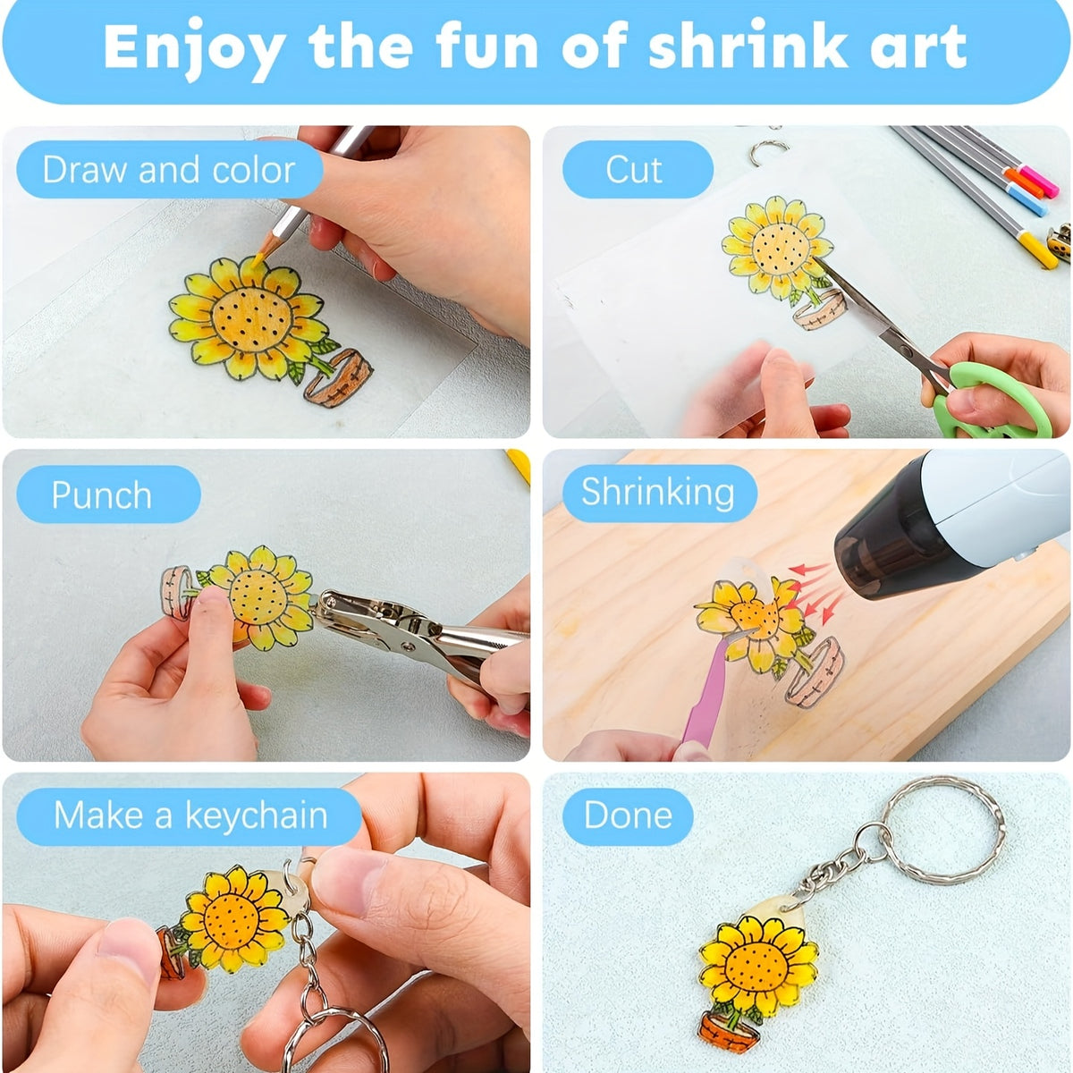 Shrink Plastic Craft Kit, 215 Pieces with 15 A5 Shrink Sheets, 100 Keychain Accessories and 100 Open Iron Rings for DIY Charms and Handmade Gifts