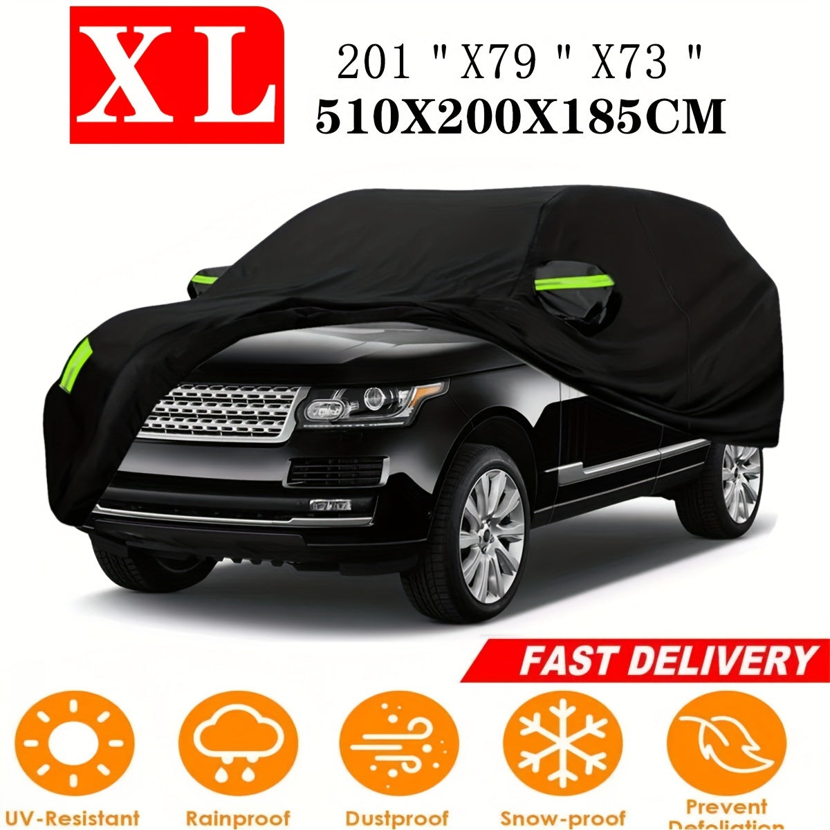 SUV Car Cover with Four Reflective Strips and Elastic Hem, Black Listed Six-Layer 190T Polyester Vehicle Cover in XL or XXL for Parked Storage