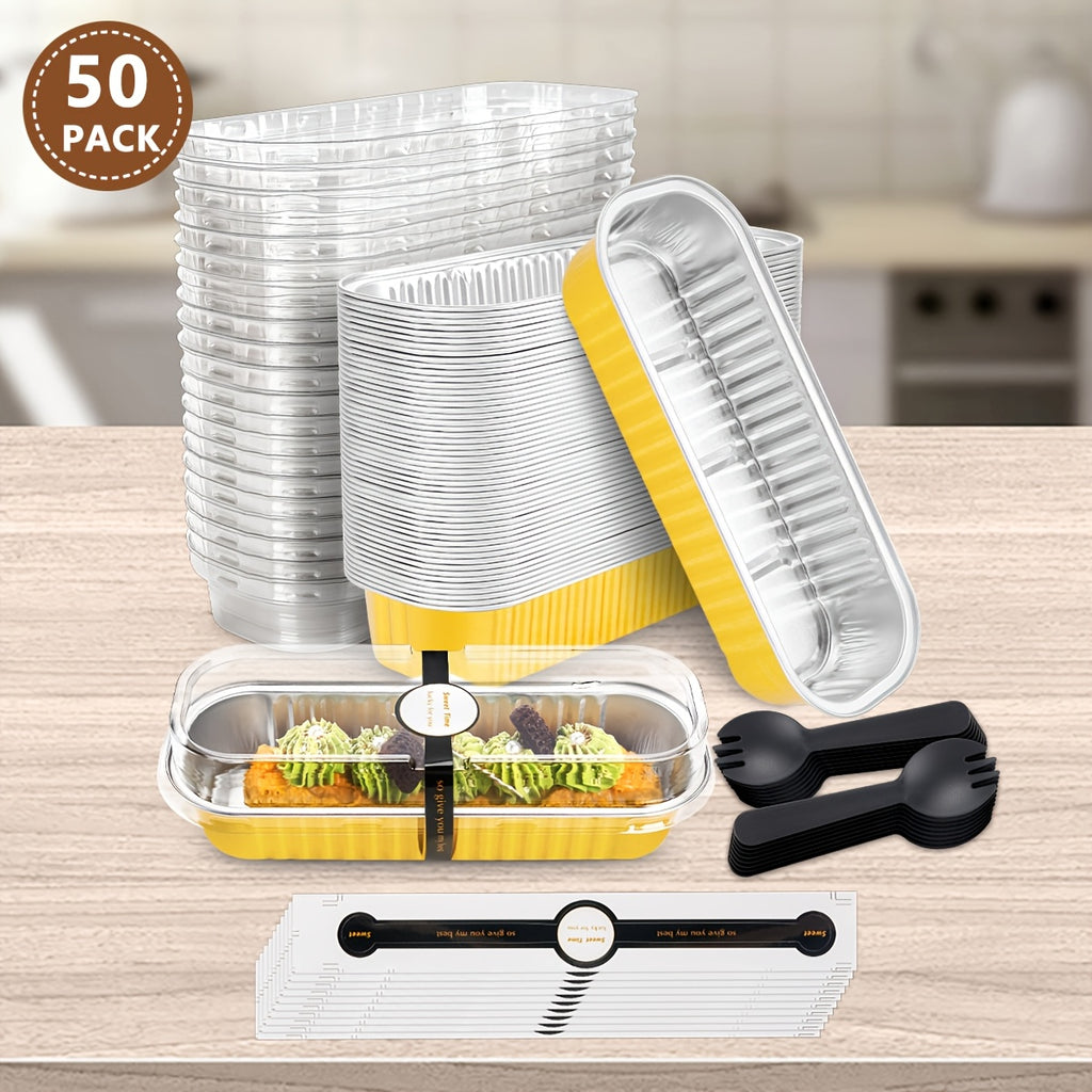 Rectangular Mini Cake Pans with Lids and Spoons, Listed 50-Pack of 6.8oz Aluminum Foil Containers in Black Golden for Individual Cheesecakes and Party Desserts