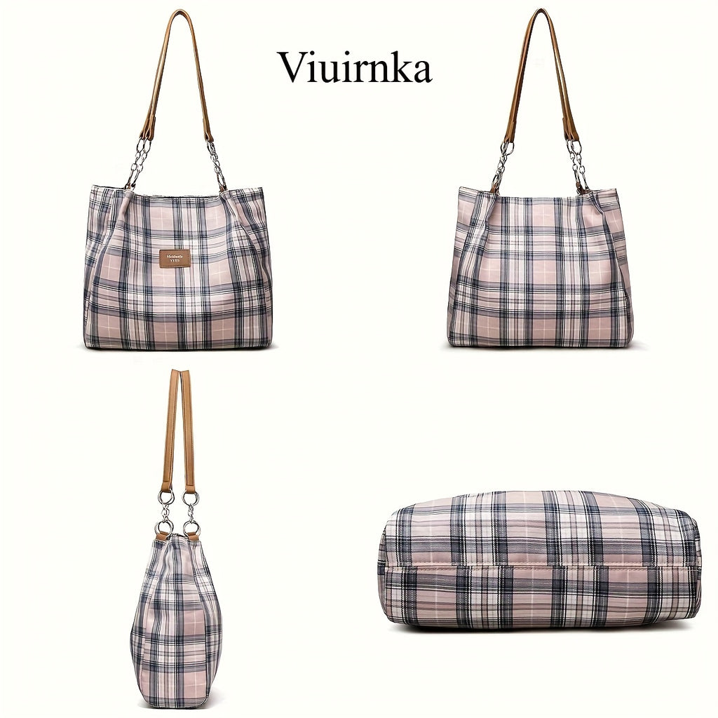 Oversized Plaid Tote Bag for Women, Spacious Shoulder Handbag for Work, School and Everyday Essentials with Classic Check Pattern Styling