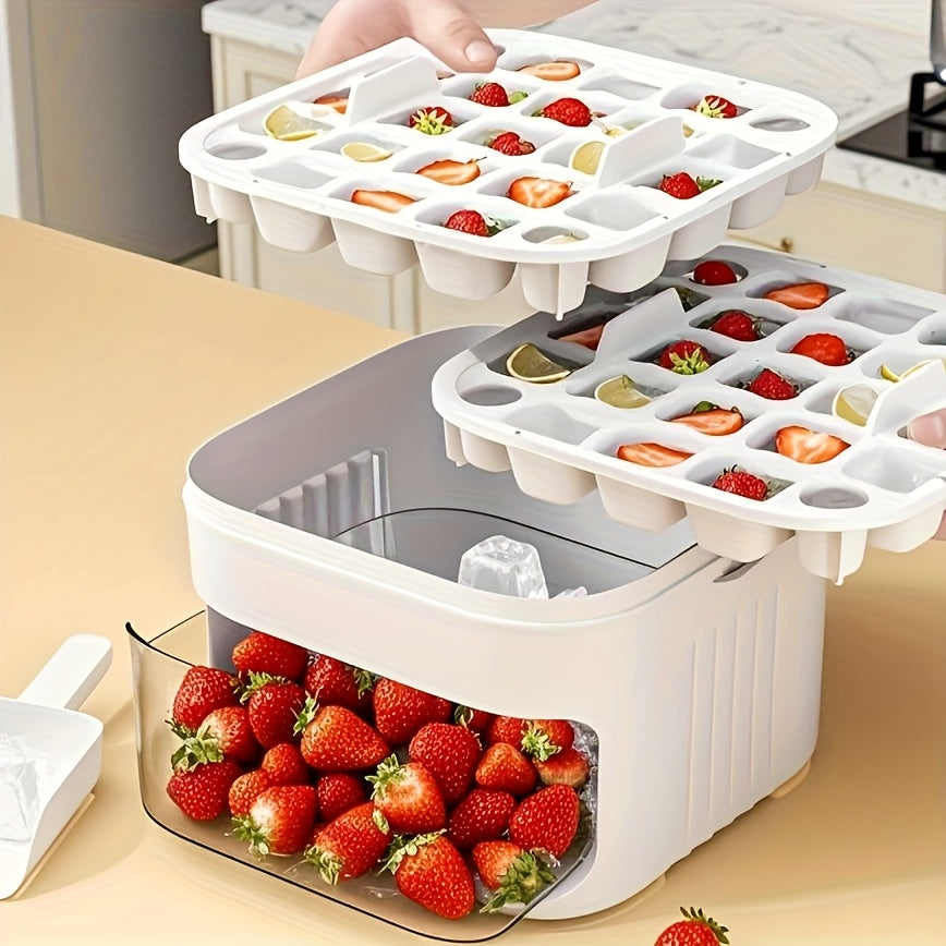 Press-Style Ice Cube Mold and Storage Box, White Dual-Layer Design with Listed Lid for Homemade Ice Preparation and Storage in Compatible Freezer Spaces