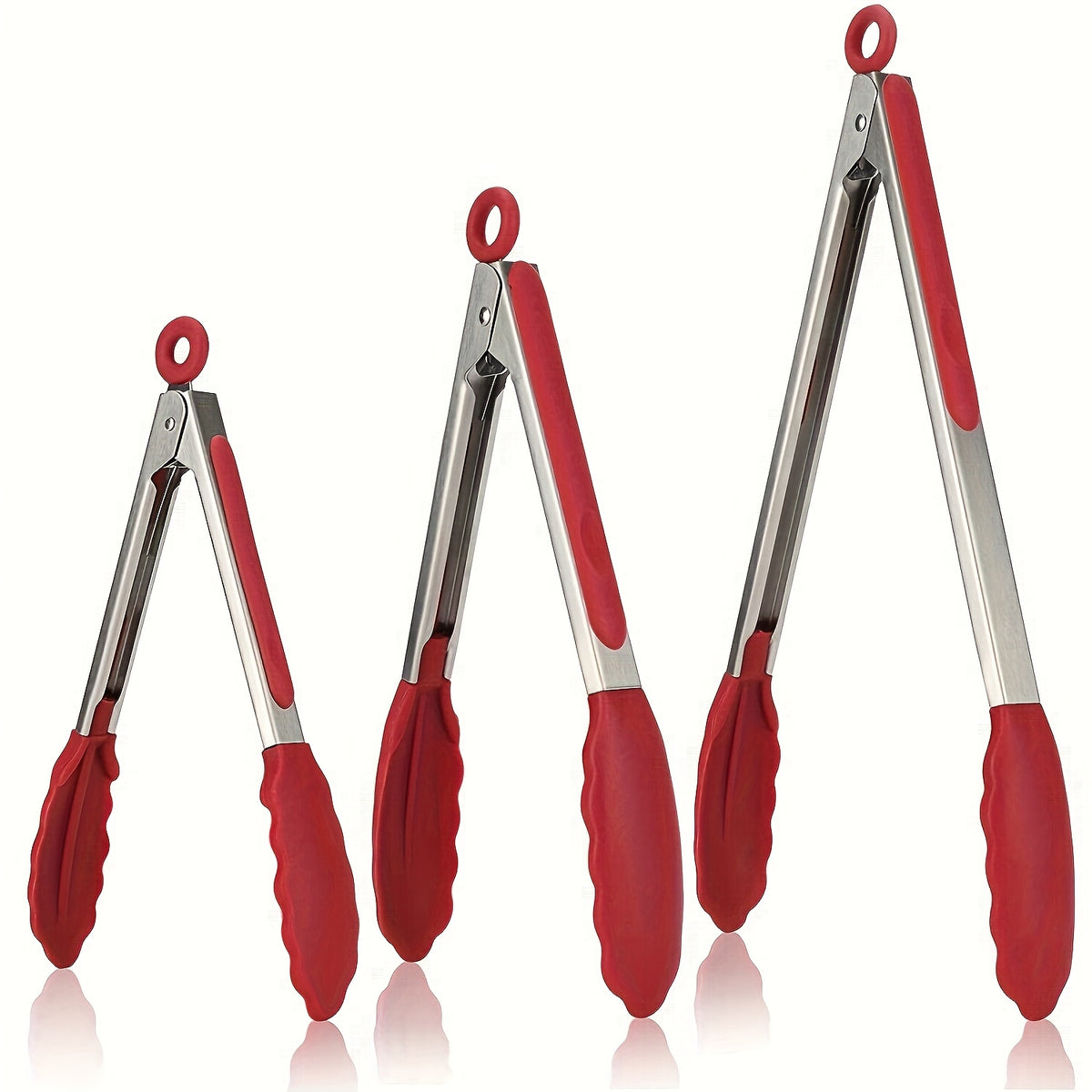 BBQ Tongs Set of 3 with Red Non-Slip Grips, 410 Stainless Steel Kitchen Food Tongs for Cooking, Grilling, Salad Serving and Everyday Meal Preparation