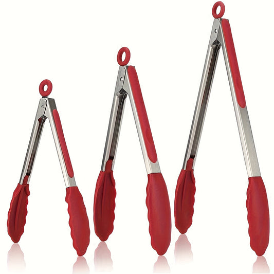 BBQ Tongs Set of 3 with Red Non-Slip Grips, 410 Stainless Steel Kitchen Food Tongs for Cooking, Grilling, Salad Serving and Everyday Meal Preparation